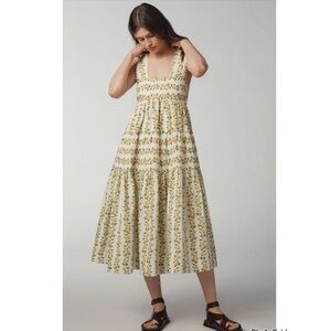 Anthropologie Helena Square Neck Smocked Tiered Midi Dress NEW